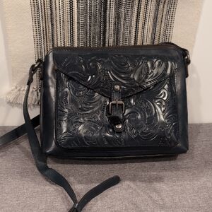 Patricia Nash Navy Blue Embossed Leather Shoulder Bag